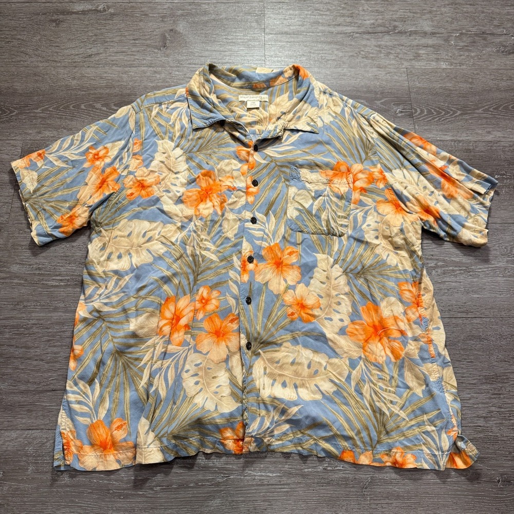 Island Passport Hawaiian Shirt Men 2XL Blue Floral Rayon Vacation Aloha Tropical